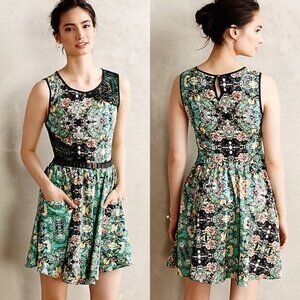 ANTHROPOLOGIE Water Garden Dress Green Black Floral Fit & Flare Sleeveless NEW